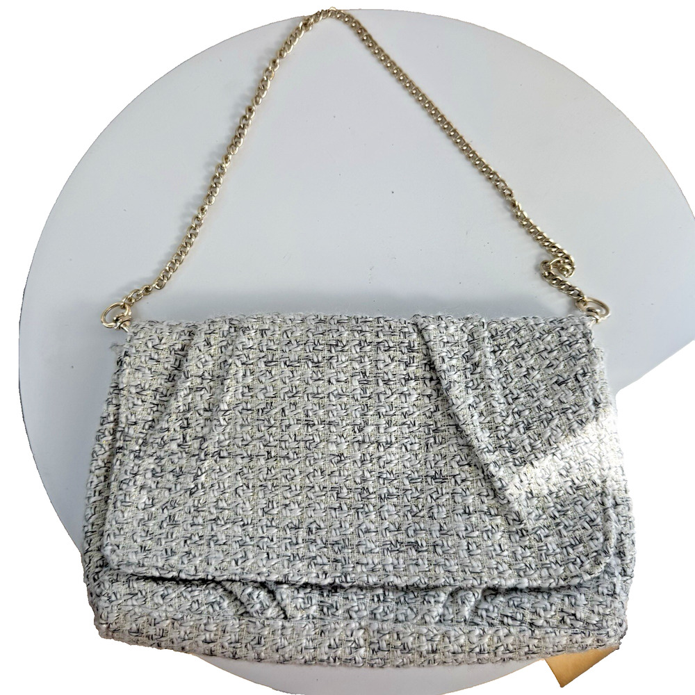 NWT LOFT Boucle Clutch Crossbody Purse Tweed Blue Gold Chain Strap Preppy